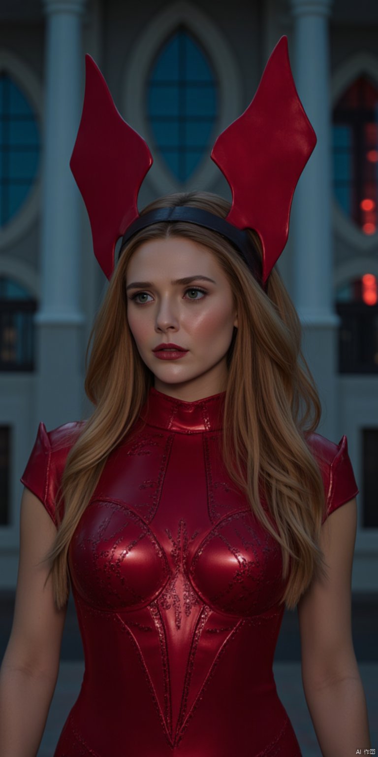 The image is a high-resolution photograph featuring a woman standing in an outdoor setting with a modern architectural backdrop. The woman, who appears to be in her late 20s to early 30s, has light skin and long, wavy, golden-brown hair that cascades past her shoulders. She is wearing a red, high-necked costume with intricate, metallic armor-like patterns, which accentuates her slender physique. Her eyes are a striking green, and she has a serious, contemplative expression. The woman's head is adorned with a pair of distinctive, red, winged headpieces that resemble the antennae of an insect, with a metallic sheen. These headpieces are connected to a dark, leather-like headband that wraps around her forehead, adding to her mysterious and otherworldly appearance. The background is a large, ornate building with arched windows and a white, columned facade. The windows are painted with a deep, rich blue and red hue, casting a dramatic light on the scene. The overall color scheme of the image is predominantly dark and muted, with the exception of the vivid red and blue tones from the windows, which add a sense of depth and contrast.,Elizabeth Olsen,