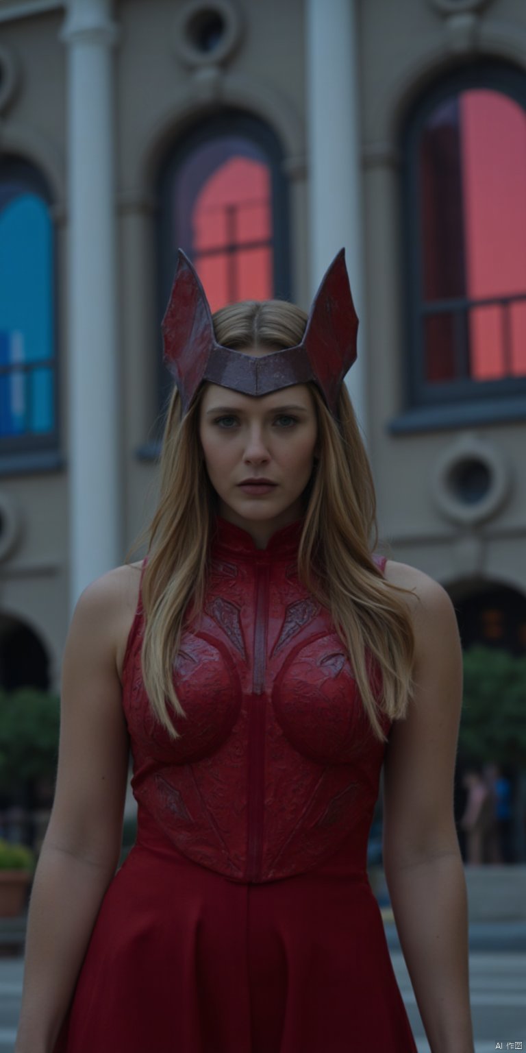 The image is a high-resolution photograph featuring a woman standing in an outdoor setting with a modern architectural backdrop. The woman, who appears to be in her late 20s to early 30s, has light skin and long, wavy, golden-brown hair that cascades past her shoulders. She is wearing a red, high-necked costume with intricate, metallic armor-like patterns, which accentuates her slender physique. Her eyes are a striking green, and she has a serious, contemplative expression. The woman's head is adorned with a pair of distinctive, red, winged headpieces that resemble the antennae of an insect, with a metallic sheen. These headpieces are connected to a dark, leather-like headband that wraps around her forehead, adding to her mysterious and otherworldly appearance. The background is a large, ornate building with arched windows and a white, columned facade. The windows are painted with a deep, rich blue and red hue, casting a dramatic light on the scene. The overall color scheme of the image is predominantly dark and muted, with the exception of the vivid red and blue tones from the windows, which add a sense of depth and contrast.,Elizabeth Olsen,