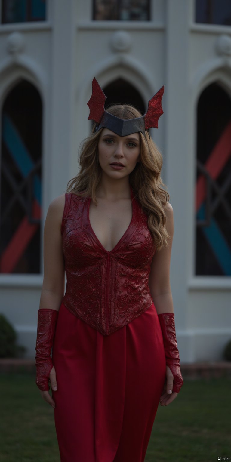 The image is a high-resolution photograph featuring a woman standing in an outdoor setting with a modern architectural backdrop. The woman, who appears to be in her late 20s to early 30s, has light skin and long, wavy, golden-brown hair that cascades past her shoulders. She is wearing a red, high-necked costume with intricate, metallic armor-like patterns, which accentuates her slender physique. Her eyes are a striking green, and she has a serious, contemplative expression. The woman's head is adorned with a pair of distinctive, red, winged headpieces that resemble the antennae of an insect, with a metallic sheen. These headpieces are connected to a dark, leather-like headband that wraps around her forehead, adding to her mysterious and otherworldly appearance. The background is a large, ornate building with arched windows and a white, columned facade. The windows are painted with a deep, rich blue and red hue, casting a dramatic light on the scene. The overall color scheme of the image is predominantly dark and muted, with the exception of the vivid red and blue tones from the windows, which add a sense of depth and contrast.,Elizabeth Olsen,