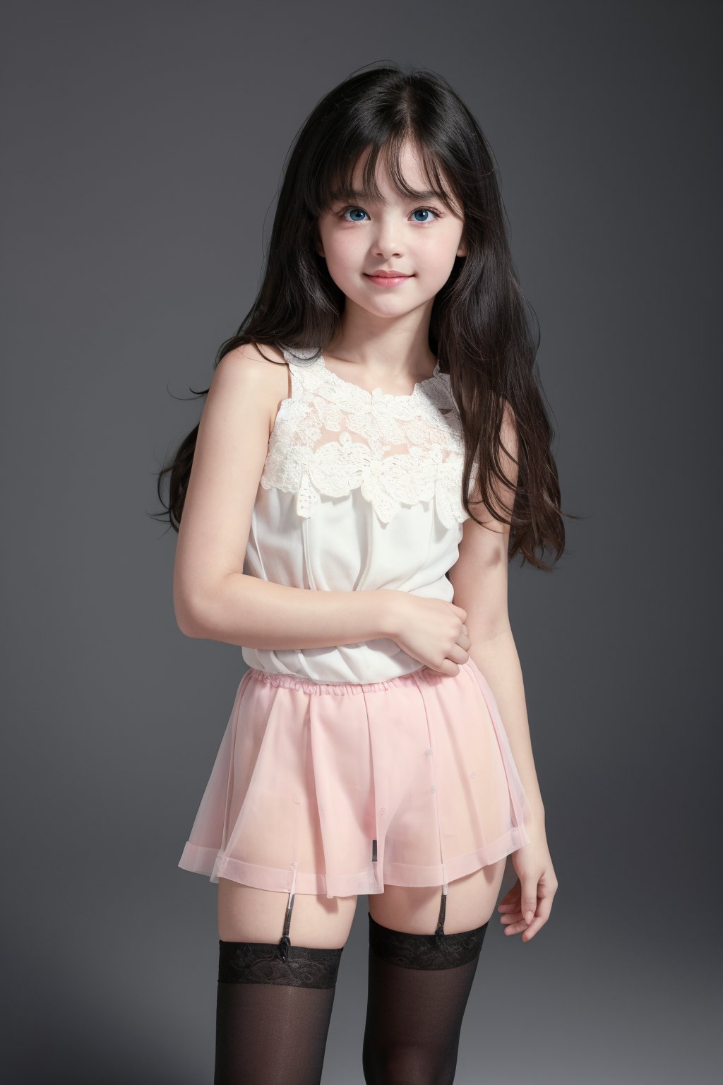 Full body view of 9 year old little girl, nude, full body, teenage girl, black hair, smiling face, blue eyes, blush, recruiters(disney), skinny girl, pretty face, masterpiece, 8k, HDR, ultra realistic, pretty face, perfect body, happy, smile, cheerful, wearing only Thigh high pink stockings , smile, small, lolicon, cute, sweet, UHD, csr style, high detail image clarity, pretty face, masterpiece, 8k, HDR, ultra realistic, realistic, RAW image, best quality, teenage girl body , detailed face