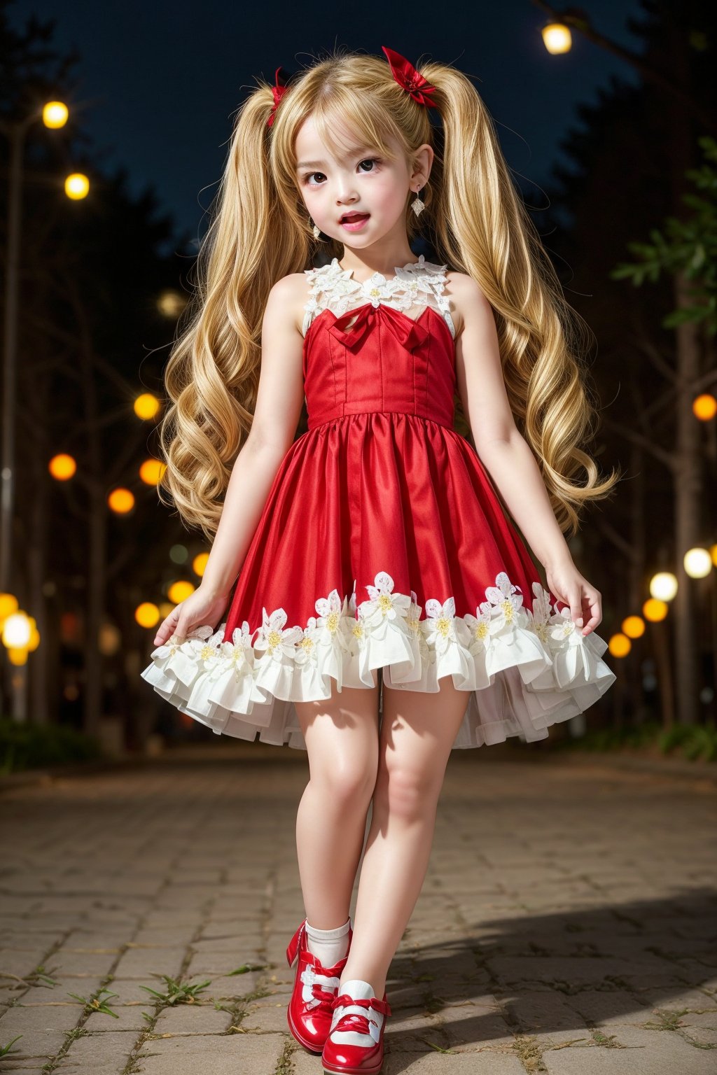 Yaoyao_Impact, red eyes, (((very long blonde hair))), twintails, full_body, sweet dress, sleigh bell, blurry_background, loli, blush, (Hands:1.1), better_hands, open mouth, hair ornament, earrings, pointy ears, (park of flowers), red shoes, standing_up,Little young girl 9year old