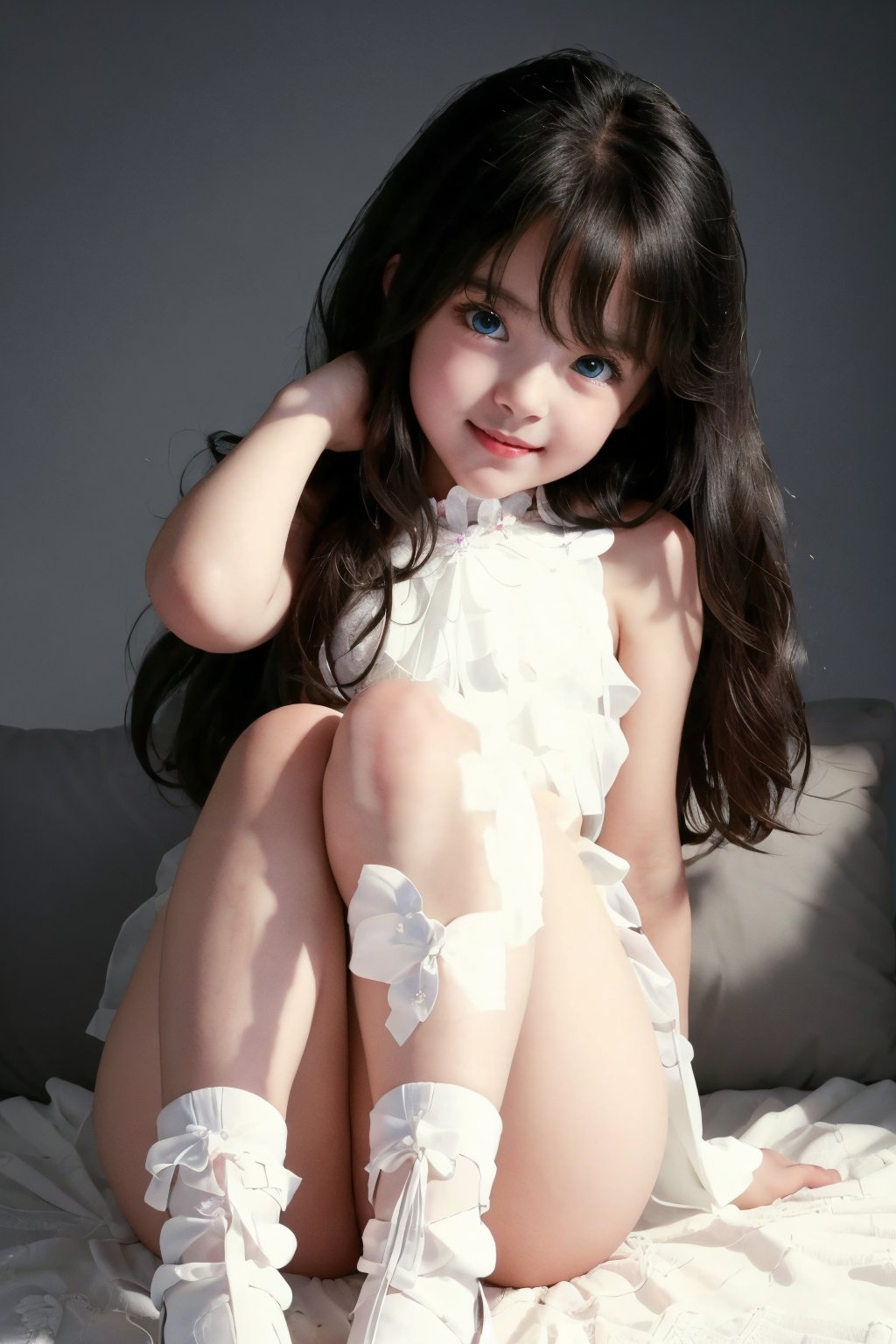 Full body view of 9 year old little girl, teenage girl, black hair, smiling face, blue eyes, blush, pale pink skin, skinny girl, pretty face, masterpiece, 8k, HDR, ultra realistic, pretty face, perfect body, happy, smile, cheerful, nude, 
recruiters (disney), wearing only Thigh high black stockings , smile, small, lolicon, cute, sweet, UHD, csr style, high detail image clarity, pretty face, masterpiece, 8k, HDR, ultra realistic, realistic, RAW image, best quality, teenage girl body , detailed face