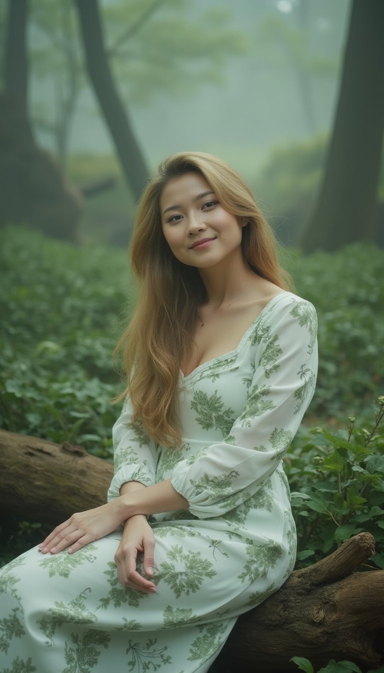 A tranquil landscape unfolds. A stately asian woman with lush blonde hair flowing down her back sits elegantly with her knees together in a mysterious forest, wearing a white flowing dress with puffed sleeves and a green random pattern print. A softly glowing mist obscures the surroundings. Her porcelain skin glows with a subtle blush, and freckles dance across her cheeks. Her charming smile radiates serenity and wonder. The composition is composed of delicate lines, perfectly blending into the misty atmosphere, all elements whispering serenity. Top quality, very detailed and delicate details description:1.2, ultra realistic photo.,asian girl.