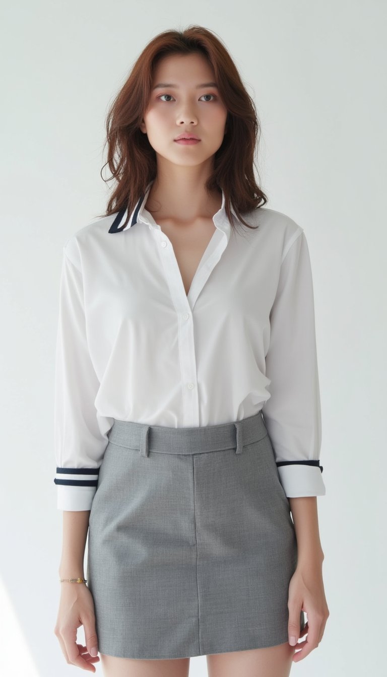  A sultry mermaid-like siren, her porcelain doll-like complexion aglow under softbox lighting on a crisp white background. Her luscious locks cascade down her back as she poses in a school uniform getup, complete with a crisp white shirt and short grey skirt, her human features a striking contrast to the nautical attire