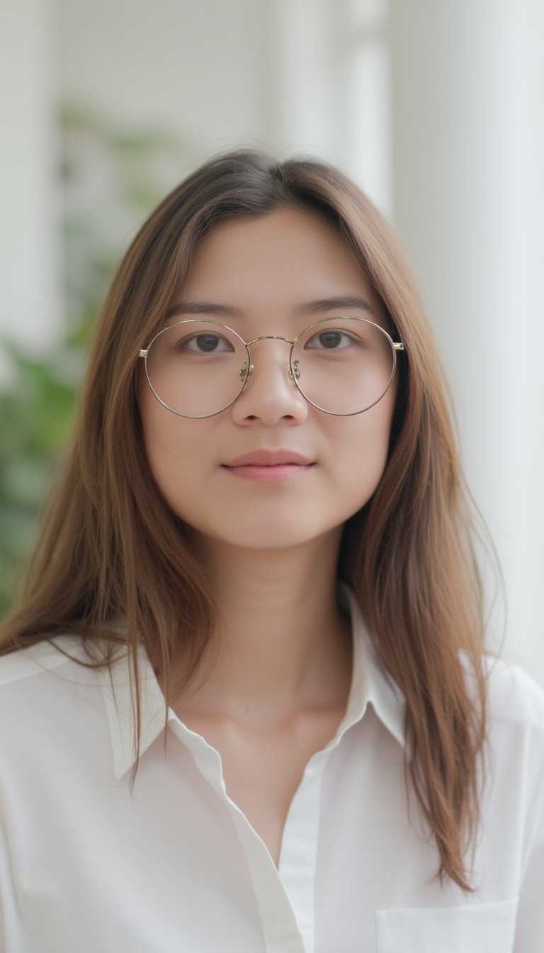 A close-up shot of a woman with long brown hair and glasses on her face. She is wearing a white shirt with a collar around her neck. The background is blurred, but we can see a white wall and a green plant in the background. There is a white pillar on the right side of the image.