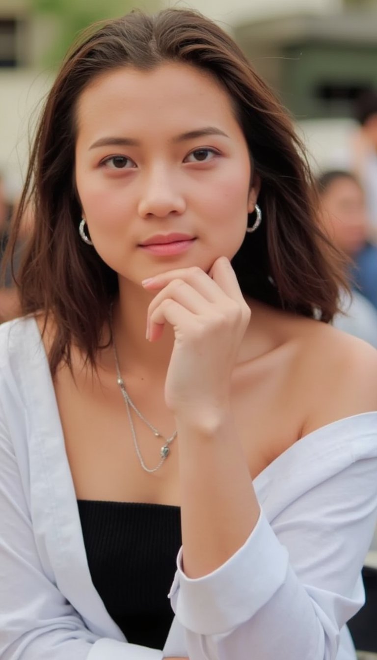 a woman with long brown hair, wearing a white shirt and a black strapless dress, adorned with a silver necklace and earrings. Her left hand is resting on her chin, adding a touch of warmth to her face. The backdrop is blurred, suggesting a sunny day, with a few people seated in the background. The woman's eyes are a deep blue, and her eyebrows are a light brown, adding depth to the scene.