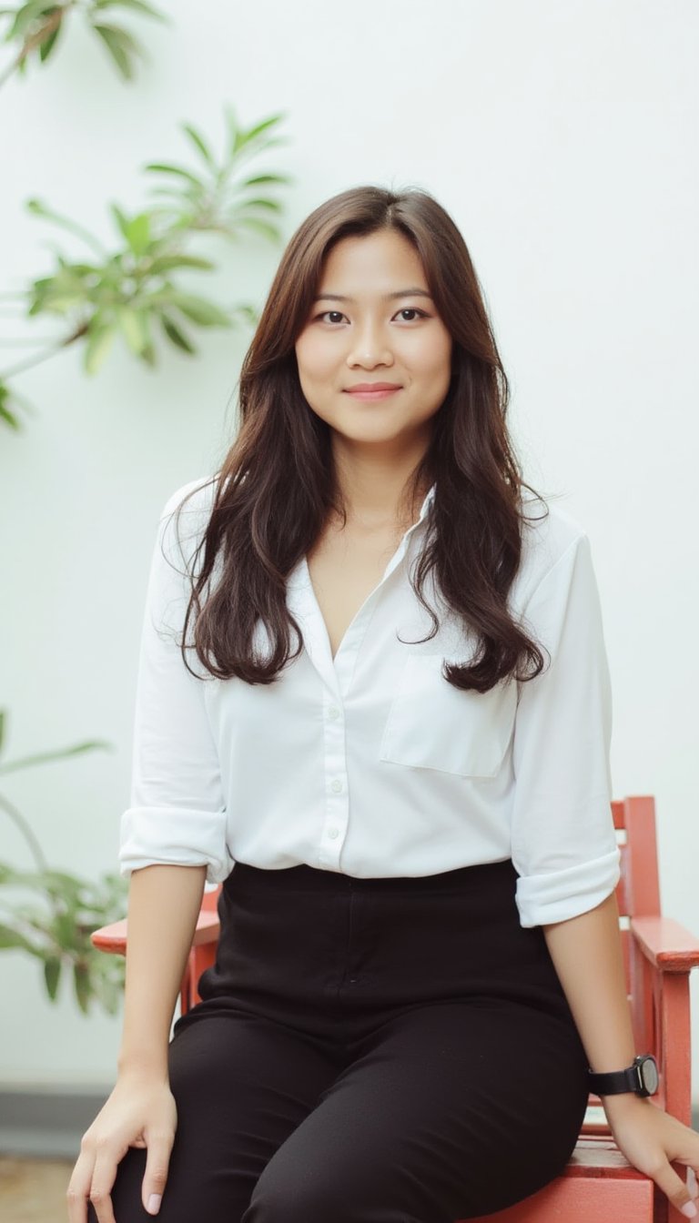 a medium-sized Asian woman with long dark brown hair, wearing a white button-down shirt and a black skirt. She is sitting on a red wooden chair, her left arm resting on the armrest of the chair. Her right hand is resting on her hip. She has a black watch on her wrist, adding a touch of contrast to her outfit. The backdrop is a stark white wall, adorned with green plants.