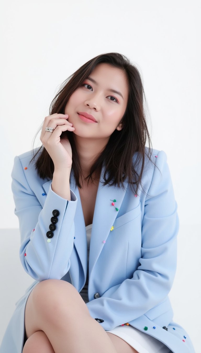 a woman with long dark hair, wearing a light blue blazer, is seated against a white backdrop. Her left hand is resting on her head, adding a touch of balance to the image. She is wearing a ring on her right hand, and her left hand rests on her hip. She has a serious expression on her face, with a slight smile on her lips. The blazer is adorned with small, colorful beads, adding depth to the scene. The backdrop is a stark white, creating a stark contrast to the woman's outfit.