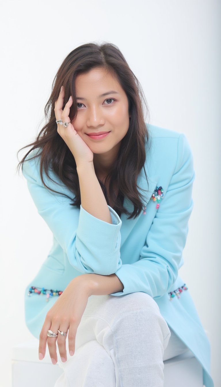 a woman with long dark hair, wearing a light blue blazer, is seated against a white backdrop. Her left hand is resting on her head, adding a touch of balance to the image. She is wearing a ring on her right hand, and her left hand rests on her hip. She has a serious expression on her face, with a slight smile on her lips. The blazer is adorned with small, colorful beads, adding depth to the scene. The backdrop is a stark white, creating a stark contrast to the woman's outfit.