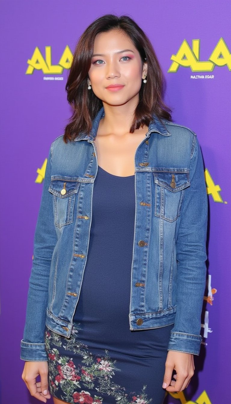 a woman stands in front of a purple backdrop with the word "ALA" prominently displayed in yellow letters. She is wearing a blue jean jacket, a blue sleeveless dress, and earrings. Her hair is styled in a sleek bob, and her eyes are a piercing blue. Her dress is adorned with a floral pattern, adding a pop of color to the scene.