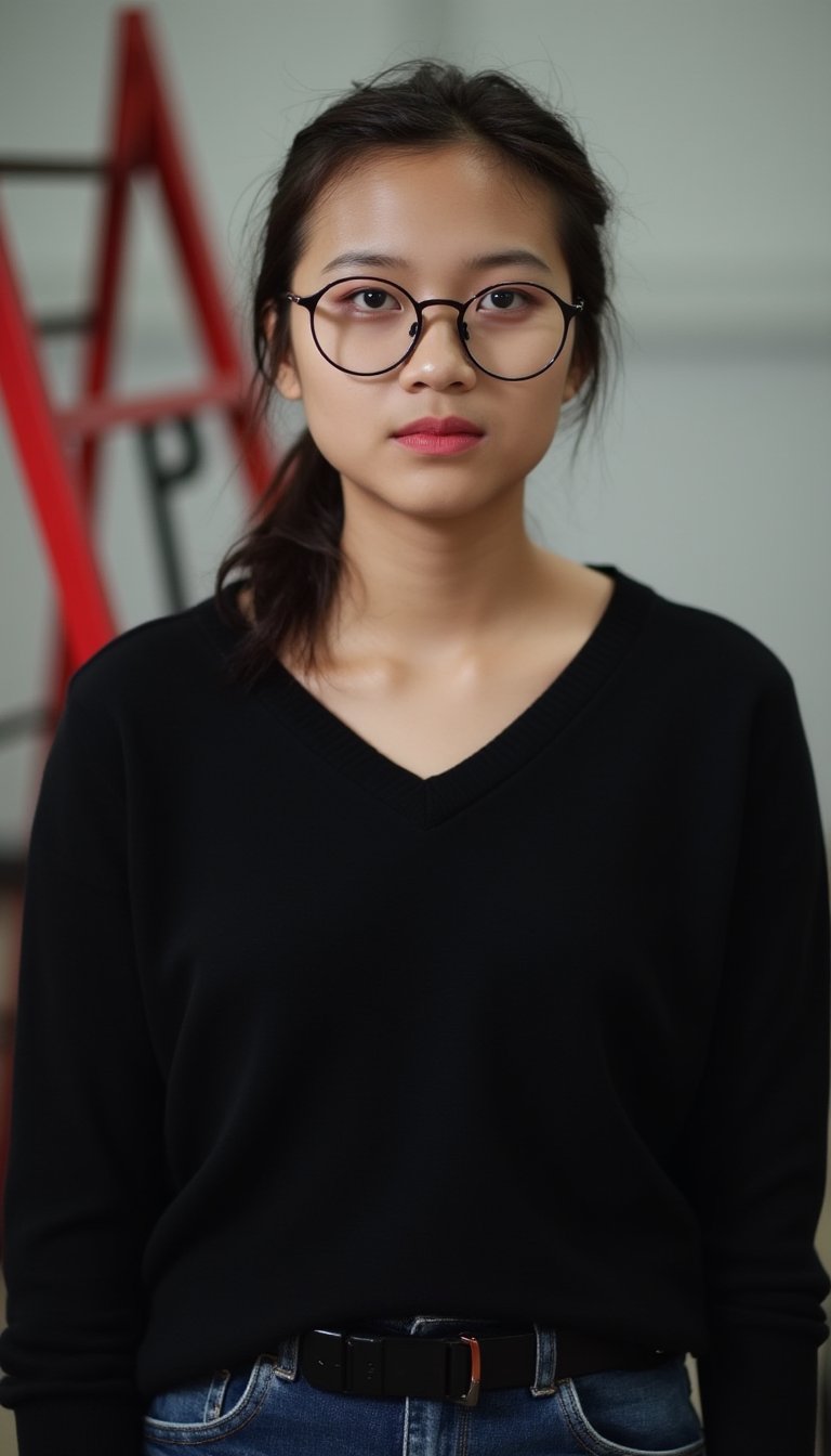 A close-up shot of a young Asian woman in a black v-neck sweater and blue jeans. The woman's hair is pulled back in a ponytail and she is wearing a pair of black rimmed glasses. The background is blurred, with a red ladder visible on the left side of the frame.