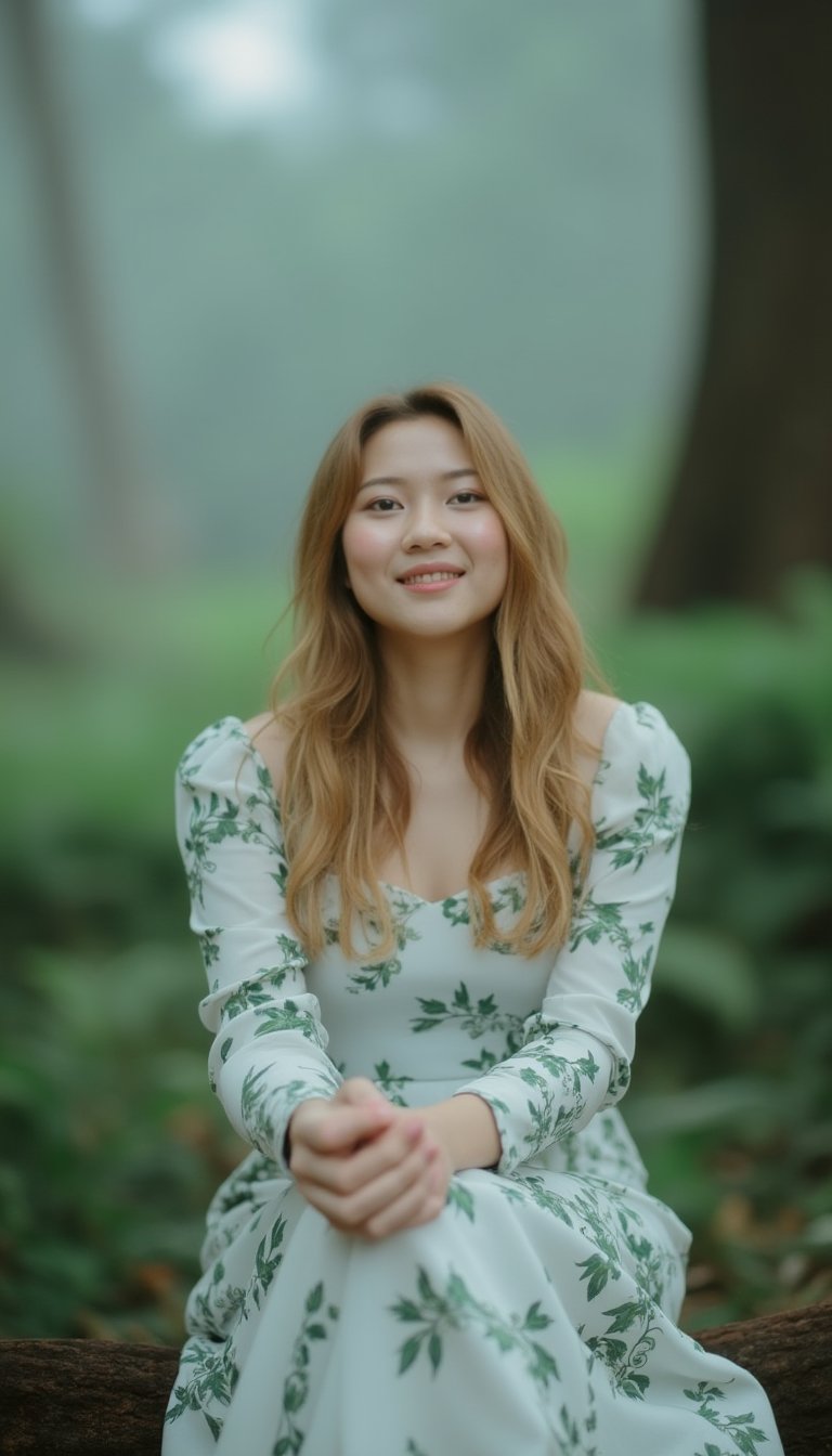 A tranquil landscape unfolds. A stately asian woman with lush blonde hair flowing down her back sits elegantly with her knees together in a mysterious forest, wearing a white flowing dress with puffed sleeves and a green random pattern print. A softly glowing mist obscures the surroundings. Her porcelain skin glows with a subtle blush, and freckles dance across her cheeks. Her charming smile radiates serenity and wonder. The composition is composed of delicate lines, perfectly blending into the misty atmosphere, all elements whispering serenity. Top quality, very detailed and delicate details description:1.2, ultra realistic photo.,asian girl.