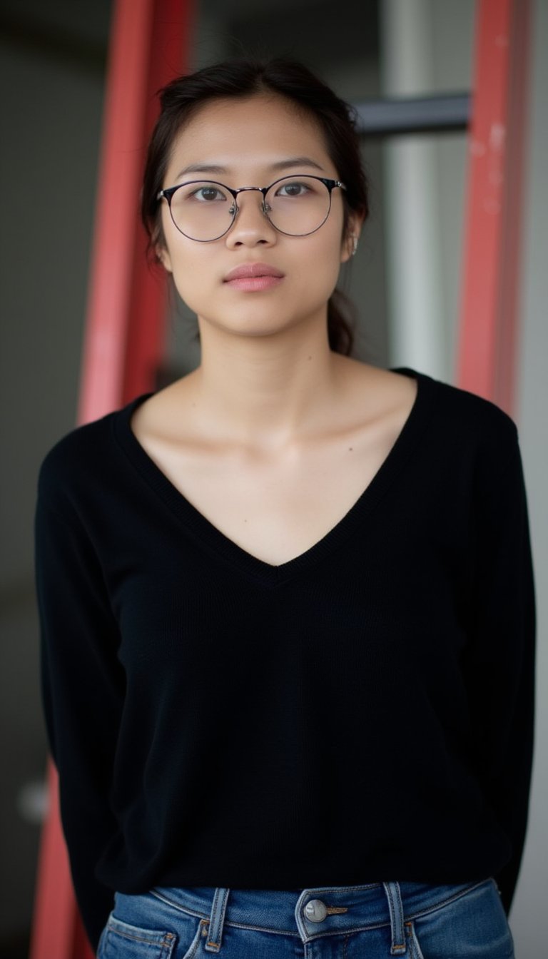 A close-up shot of a young Asian woman in a black v-neck sweater and blue jeans. The woman's hair is pulled back in a ponytail and she is wearing a pair of black rimmed glasses. The background is blurred, with a red ladder visible on the left side of the frame.