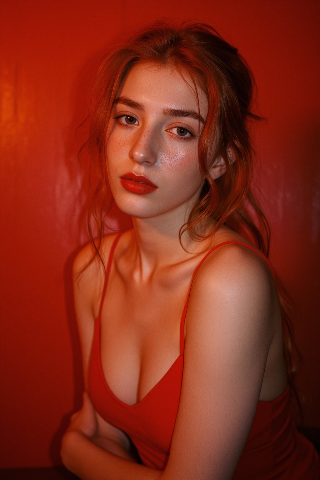 Captured on film, a masterpiece of intimacy: a stunning hubgwoman, 22 years old, poses solo in a close-up portrait with a fisheye lens (1.2). The red theme is amplified by her fiery locks, silver eyes, bold red lipstick, and subtle blush. Freckles scatter across her cheeks, adding to the whimsical charm. She dons a simple yet seductive red dress, showcasing her cleavage and natural skin texture. A light smile plays on her lips, exuding pure innocence. The shallow depth of field creates a dreamy atmosphere, with detailed lighting highlighting her features against a romantic red wall background. Intricate details abound in this cinematic masterpiece.hubg_beauty_face