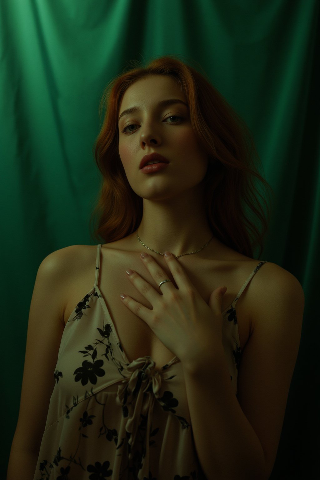 A photorealistic portrait of a vibrant red-haired hubgwoman stands in front of a dark backdrop, her features illuminated by cinematic lighting. Her rich brown hair cascades down her back, complemented by her deep blue eyes and lighter shade of red lips. Adorned with black flowers on her blouse and a silver ring on her left hand, she poses confidently, one hand raised on her chest and the other resting on her hip. The light green backdrop provides a striking contrast to her outfit, while high detailed skin and pale complexion create an air of realism.,hubg_beauty_face