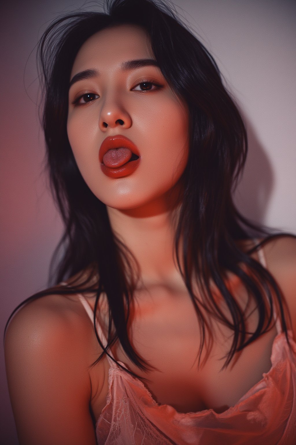 (ultra realistic,best quality),photorealistic,Extremely Realistic, in depth, cinematic light,hubggirl, Hime cut,long black hair,detailed skin,detailed face,full_body,big chest,(full body,studio light:1.4), With her mouth open and a playful expression, she teasingly sticks out her tongue, revealing red lips. A distinctive mole under her eye adds a touch of allure as she profiles for a captivating makeup and lipstick shot. perfect lighting, vibrant colors, intricate details, high detailed skin, pale skin, intricate background, realism,realistic,raw,analog,portrait,photorealistic, taken by Canon EOS,SIGMA Art Lens 35mm F1.4,ISO 200 Shutter Speed 2000,Vivid picture,
