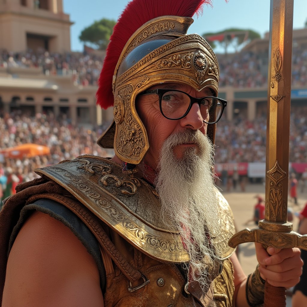 Bronzafamily ,A man with a striking white beard, wearing glasses Under the harsh glare of the arena's blazing sun, a close-up captures the fierce intensity of a seasoned gladiator. His weathered face bears the scars of countless battles, each line etched with tales of survival and unyielding determination. Eyes like molten steel reflect the roaring crowd and the glint of weapons, filled with focus and indomitable will. Beads of sweat trace paths down his tanned skin, highlighting the chiseled contours of his visage. A battle-worn helmet adorned with intricate engravings rests atop his head, the plume of crimson feathers stirring slightly in a dusty breeze. Strands of dark hair escape the helm, framing his stern features. His muscular neck supports heavy pauldrons crafted from bronze and leather, etched with symbols of past victories. In his hands, he grips a massive, ornate sword, the blade's edge gleaming with lethal sharpness. The hilt is wrapped in worn leather, molded to his grip over years of combat. Dust and faint smears of battle mark his armor, a testament to the arena's ferocity. Behind him, hints of the colosseum towering walls and the blurred forms of an expectant crowd add depth but keep the focus on his formidable presence. The composition emphasizes every gritty detail: the textures of his armor, the intensity in his eyes, the determination set in his jaw. Warm tones of bronze, gold, and deep reds dominate the palette, highlighting the heat and raw energy of the scene.