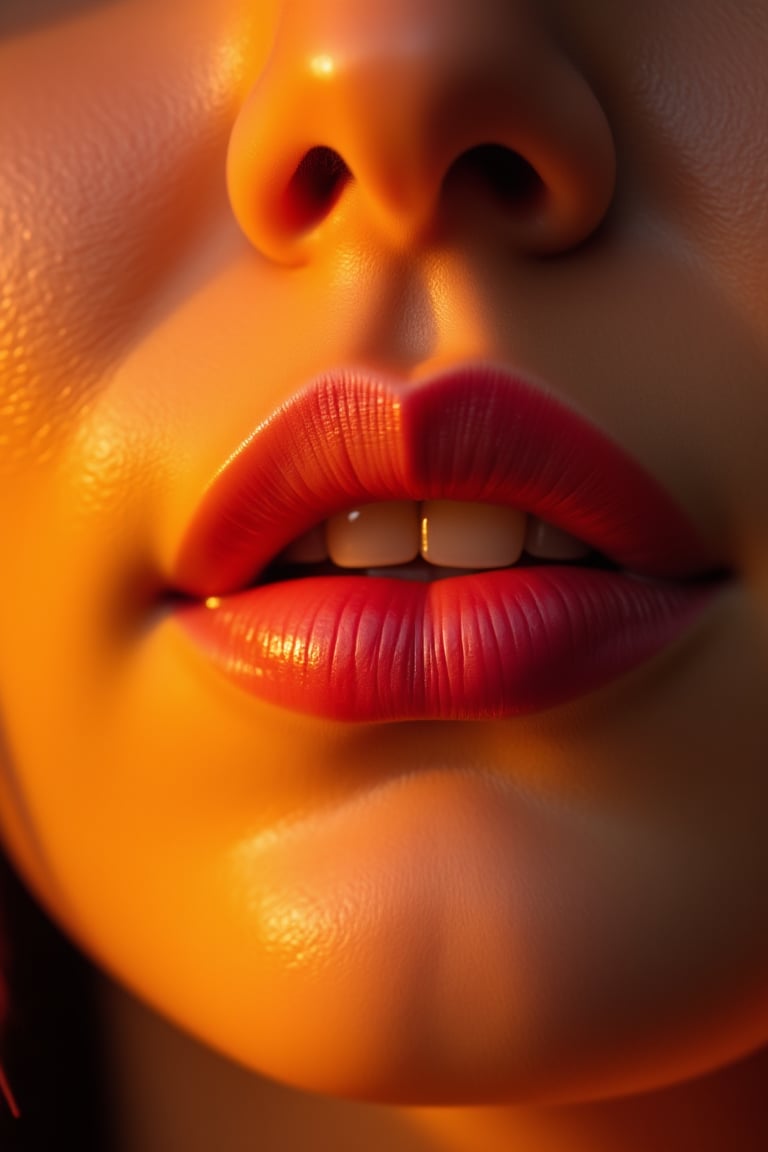 A serene close-up portrait of a woman's lips, bathed in a warm golden light that casts a gentle glow on her rosy pout. The soft focus and ombre gradient effect accentuate the subtle transition from deep berry at the center to lighter pink hues towards the edges. Her lips are slightly parted, revealing a hint of teeth and a gentle smile, as if sharing a secret.