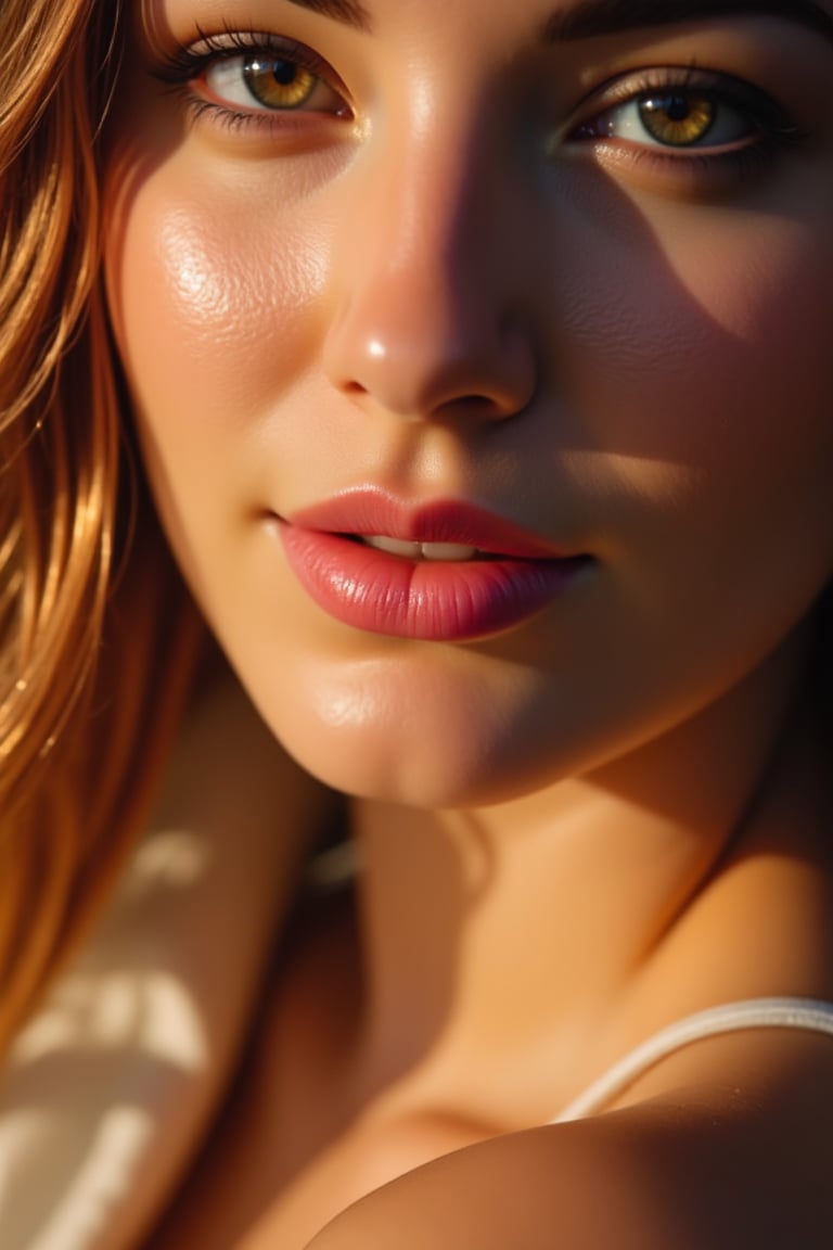 A serene portrait of a woman's lips, set against a subtle background, softly lit from above with warm golden light, accentuating the ombre gradient effect on her lips. The rich berry shade at the center transitions seamlessly to a lighter pink hue towards the edges. Her lips are slightly parted, revealing a hint of teeth and a gentle smile, inviting contemplation.