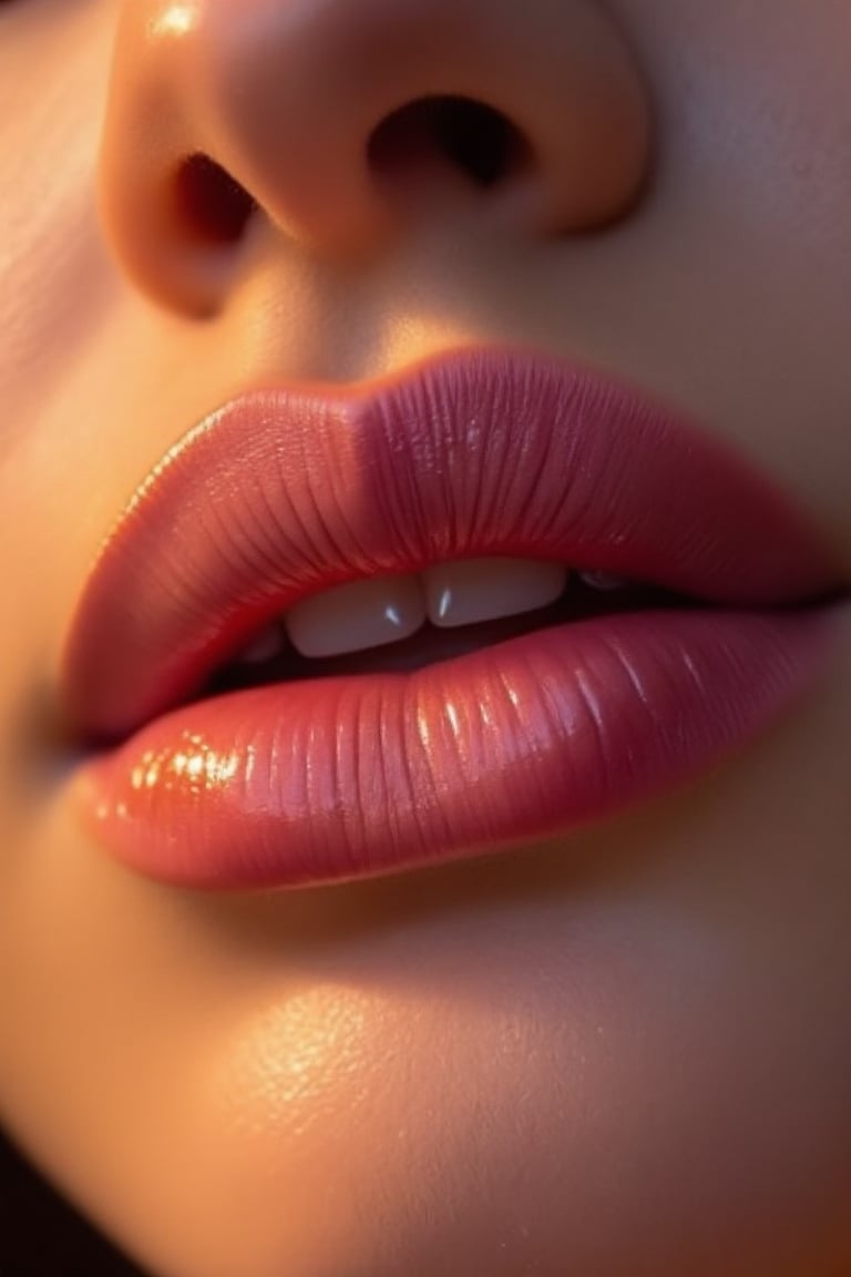 A serene portrait of a woman's lips, set against a subtle background, softly lit from above with warm golden light, accentuating the ombre gradient effect on her lips. The rich berry shade at the center transitions seamlessly to a lighter pink hue towards the edges. Her lips are slightly parted, revealing a hint of teeth and a gentle smile, inviting contemplation.