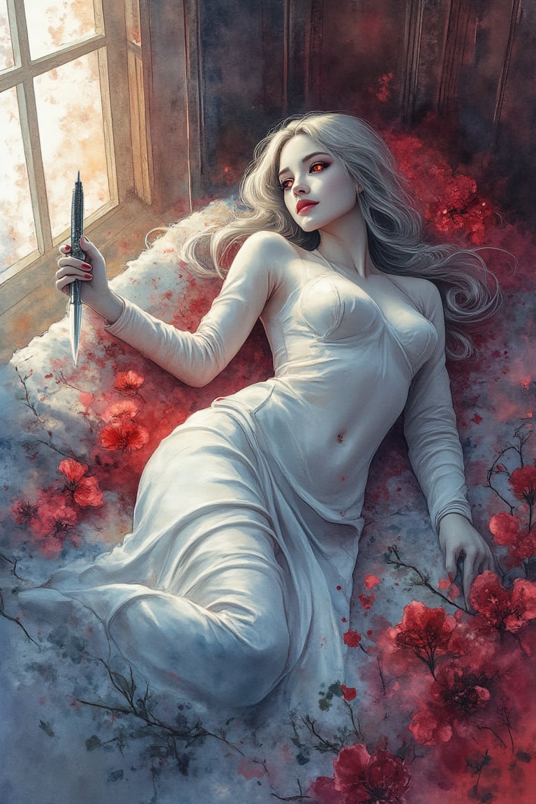 Watercolor, In the style of Art Nouveau. A woman lie on bed, coil her body with a dagger, she has glowing red eyes and looking at viewer, the blanket cover her smooth and white pale skin, she has long fang of the vampire and silver long hair, the light from window make a light line on her bed, lowkey room, volumetric light, mysterious,