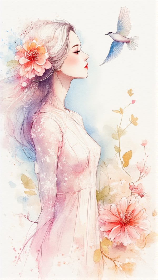 woman, flower and sky, bird and pride, PTAI2010, watercolor