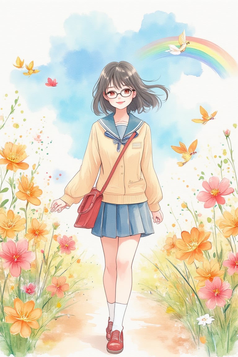 Cute girl, anime style, round glasses, smile, watercolor, school uniform, bag, on the small road with flowers and ranibow, birds on the sky, happy theme