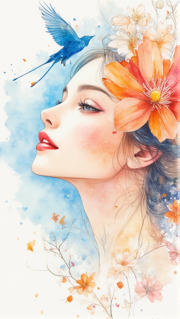 woman, flower and sky, bird and pride, PTAI2010, watercolor, close up portrait