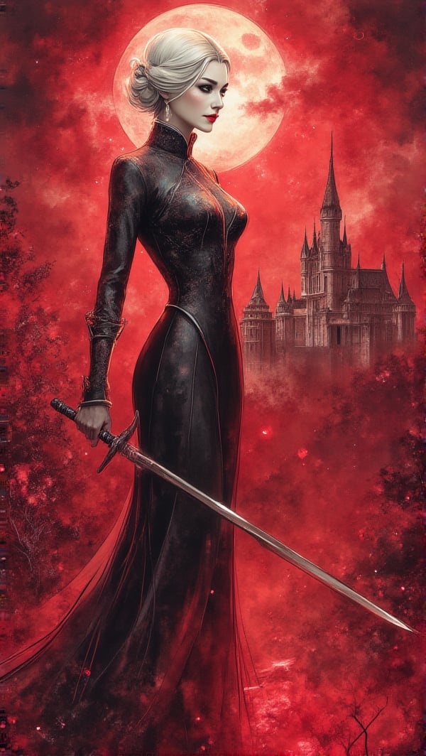 Watercolor, Photo. Realistic light reflections. Deep red to black gradient. Ominous atmosphere. Full body view of an elegant, scowling female vampire holding a silver rapier in her hand which she raise towards the viewer, challenging you. She has pale skin and her white hair is styled in a crown braid. Exposing her fangs, you're not worth her attention, dismissive attitude. She is wearing an upper-class form-fitting outfit suitable for travel in the 18th century. Intimidating gaze. Mist swirl around her. A grand germanic castle is visible far in the distance behind her. It is night, moonlight shines upon her and there are stars visible in the sky. Incredibly realistic and detailed work of art, high detail drawing with bold lines. In the style of Art Nouveau.