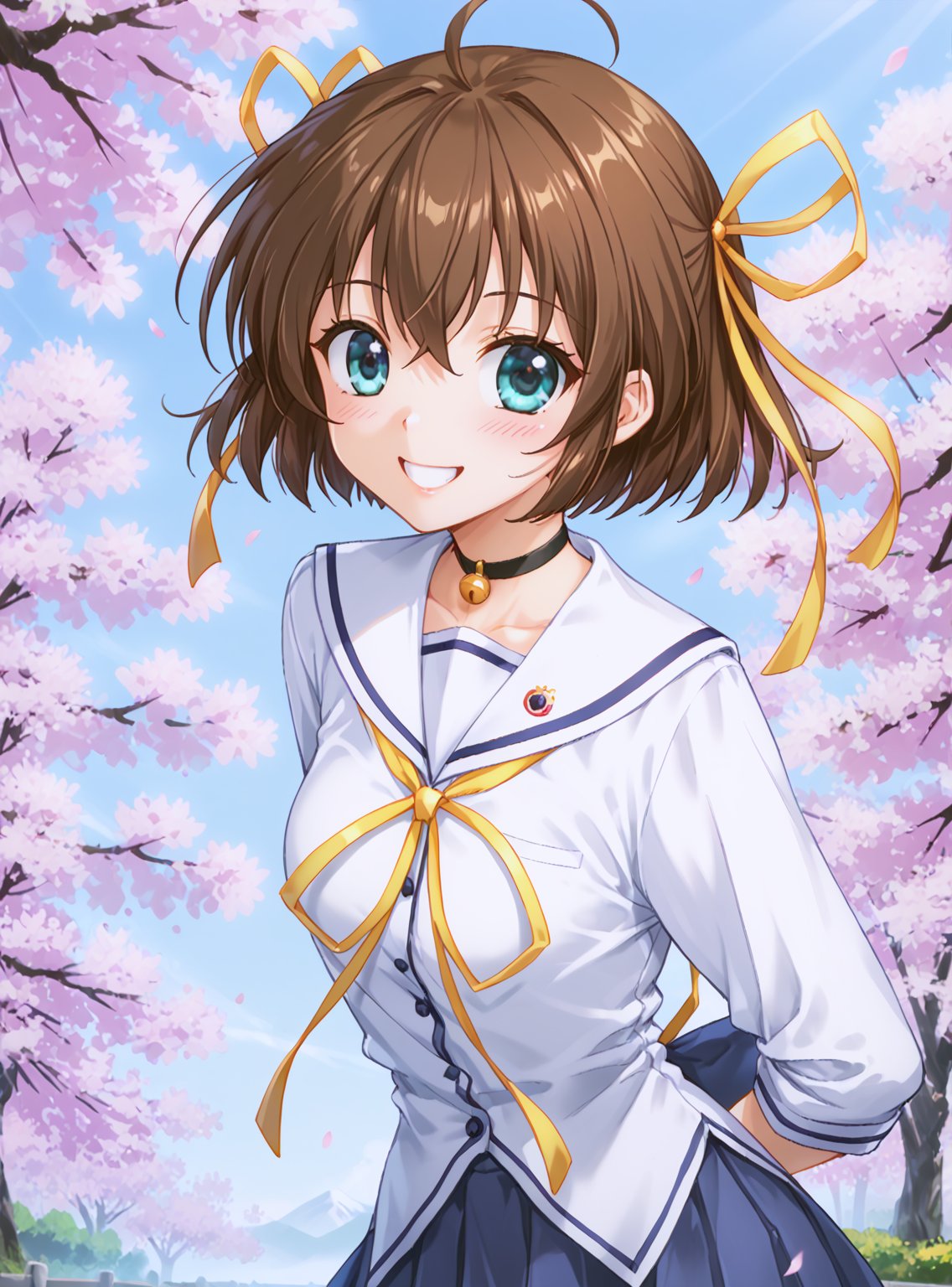 score_9, score_8_up, score_7_up, source_anime, (perfect anatomy:1.4), beautiful skin,
,//characters, 
1girl, solo, asakuranemu, short hair, brown hair, yellow hair ribbon, school uniform, yellow ribbon, ahoge, choker, bell 
,//situation
day, tree, cherry blossoms
,//Pose
blush, smile, arms behind back leaning forward
,/LoRA, beautiful_female_fingers, (4_fingers and 1thumb on hand), (perfect hand), (beautiful hands), perfect anatomy,