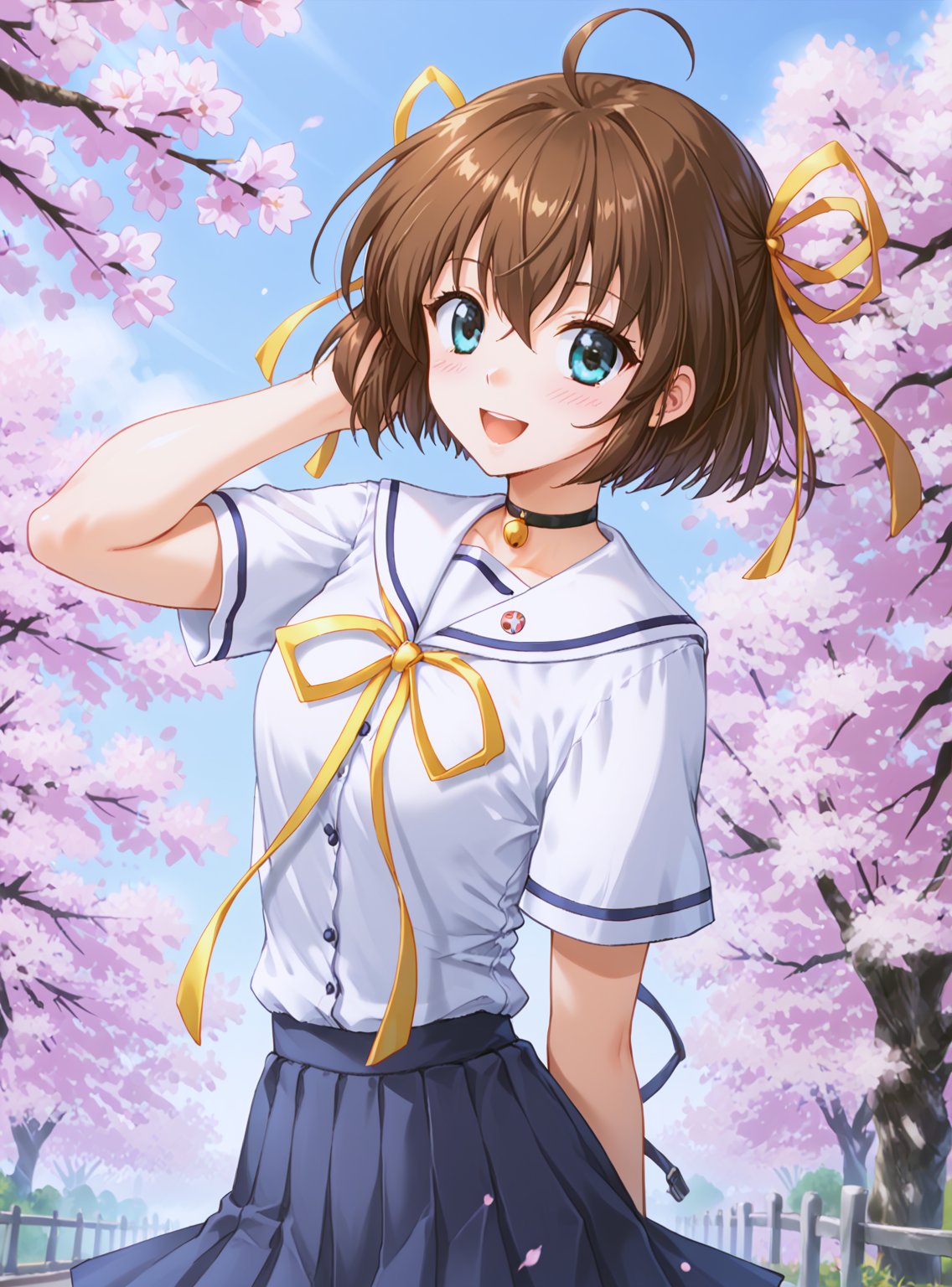 score_9, score_8_up, score_7_up, source_anime, (perfect anatomy:1.4), beautiful skin,
,//characters, 
1girl, solo, asakuranemu, short hair, brown hair, yellow hair ribbon, school uniform, yellow ribbon, ahoge, choker, bell 
,//situation
day, tree, cherry blossoms
,//Pose
blush, smile, arms behind back
,/LoRA, beautiful_female_fingers, (4_fingers and 1thumb on hand), (perfect hand), (beautiful hands), perfect anatomy,