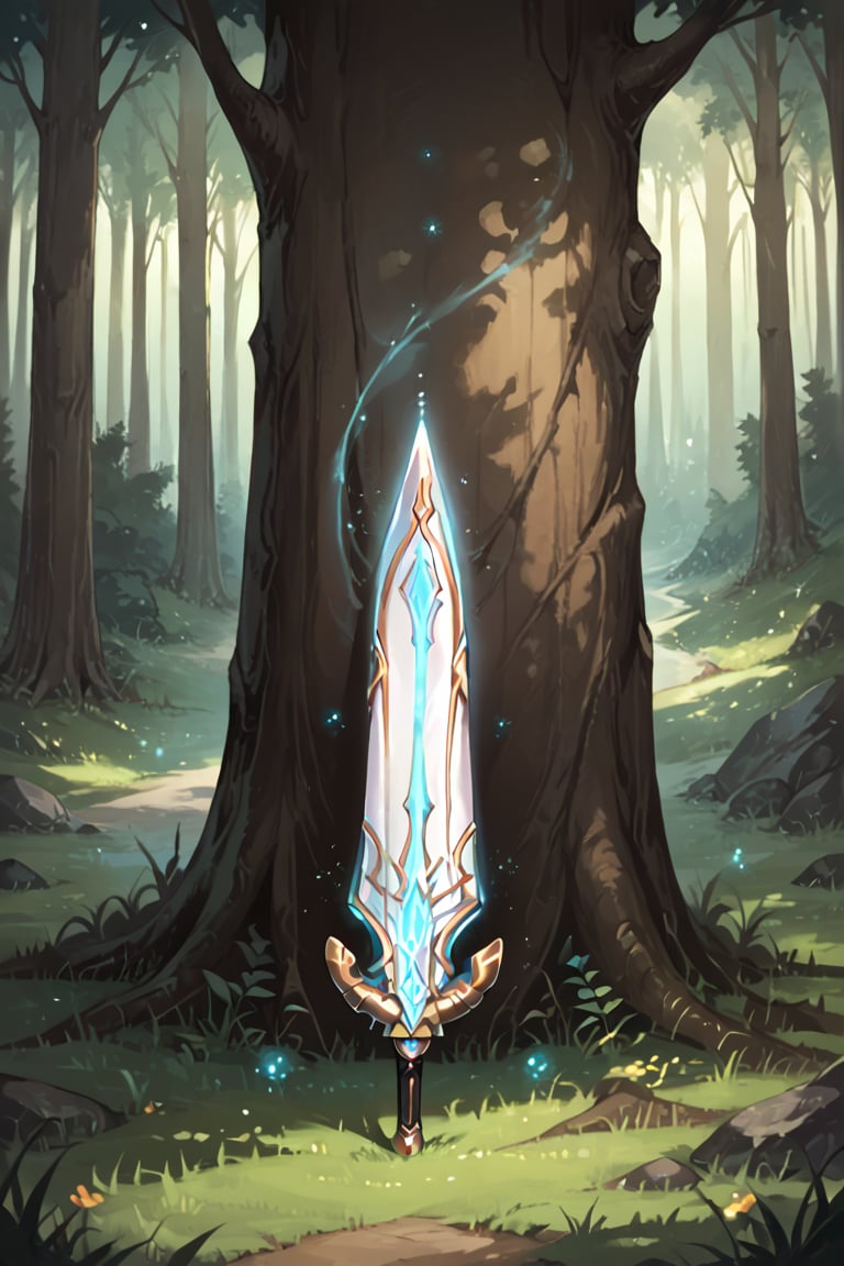 score_9, score_8_up, score_7_up, score_6_up, score_5_up, score_4_up, source_anime, style Magical fantasy, aura_Magic, light particles, forest, magic sword, glowing sword, sword stuck in the ground, no human, sword view