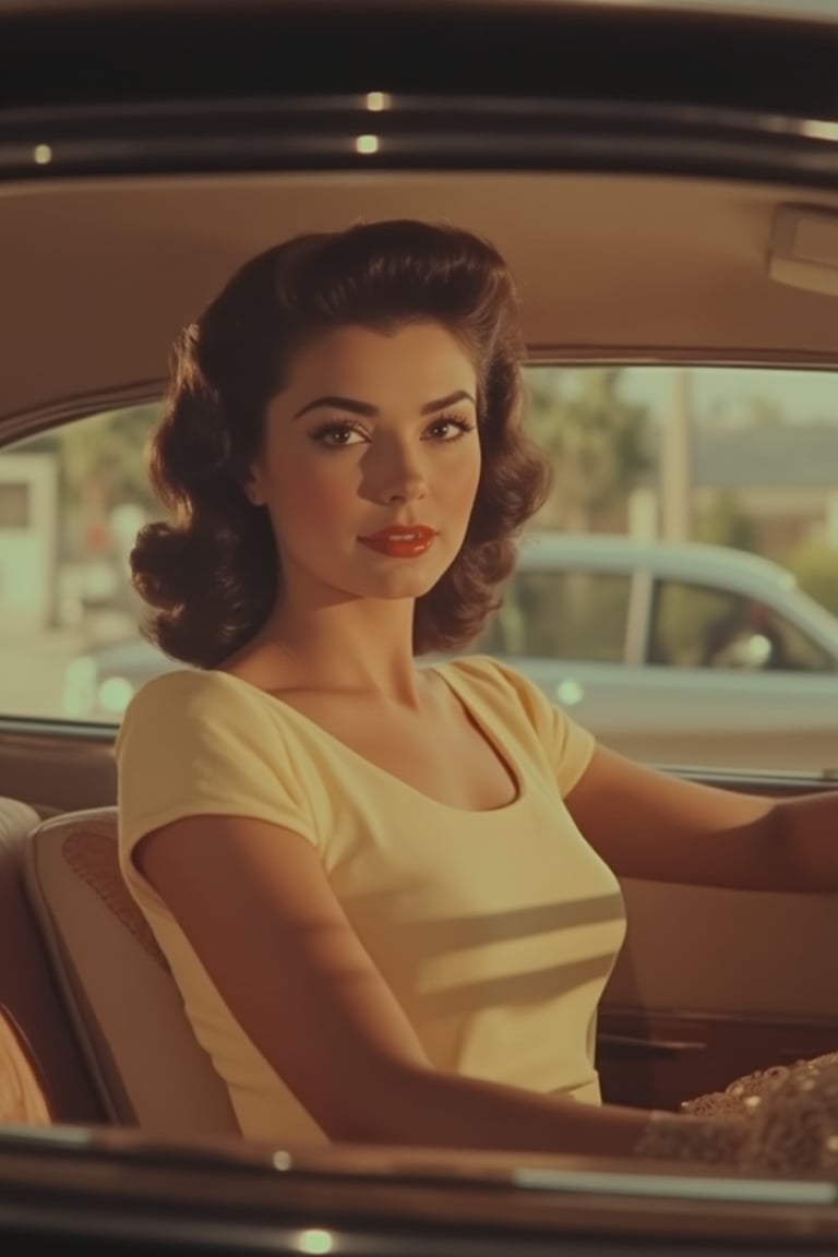 1950s Panavision screengrab, half-body shot of a woman in a car, soft golden lighting, classic Hollywood glamour, woman in a vintage dress, elegant pose, sitting in a retro car interior, detailed upholstery, sepia tones, cinematic composition, focus on facial expression, subtle smile, nostalgic atmosphere, vintage Panavision camera effect.