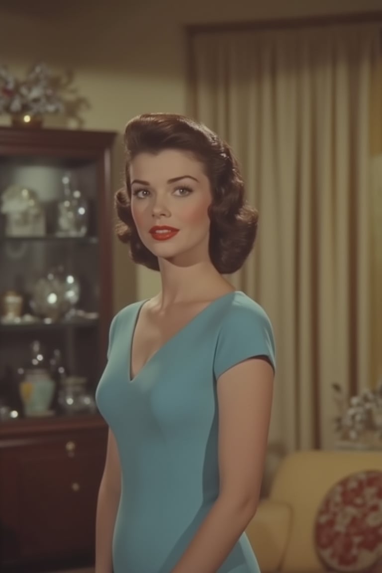 1950s Panavision screengrab of a woman, mid-shot, soft golden lighting, classic Hollywood glamour, woman wearing a blue dress, elegant pose, standing in a retro living room, detailed set design, sepia tones, cinematic composition, focus on facial expression, subtle smile, nostalgic atmosphere, nice accessories on hair, vintage Panavision camera effect.