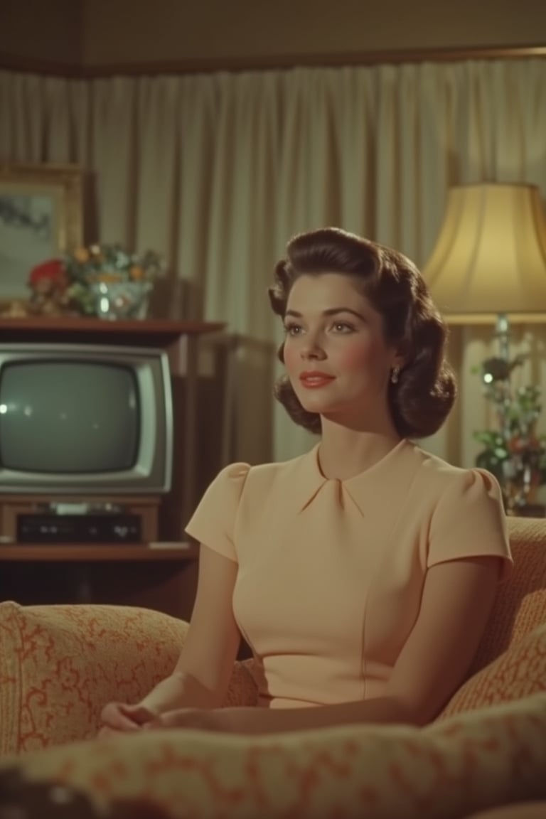 1950s Panavision screengrab of a pretty lady, mid-shot, soft golden lighting, lady in a vintage dress, sitting on a couch, watching TV, retro living room setting, detailed set design, sepia tones, cinematic composition, focus on facial expression, subtle smile, nostalgic atmosphere, classic TV set in the background.