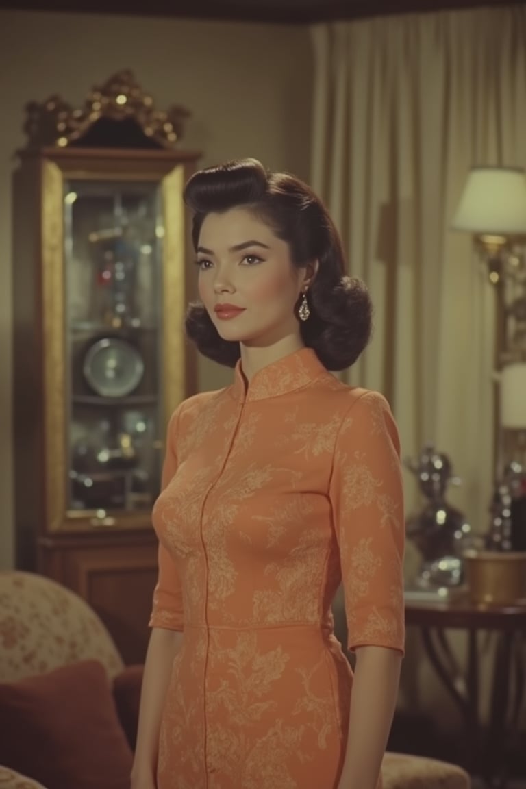 1950s Panavision screengrab of a pretty Malay woman, mid-shot, soft golden lighting, classic Hollywood glamour, woman in a traditional Malay dress (baju kurung), elegant pose, standing in a retro living room with intricate decor, sepia tones, cinematic composition, focus on facial expression, subtle smile, nostalgic atmosphere, cultural details, and vintage Panavision camera effect.