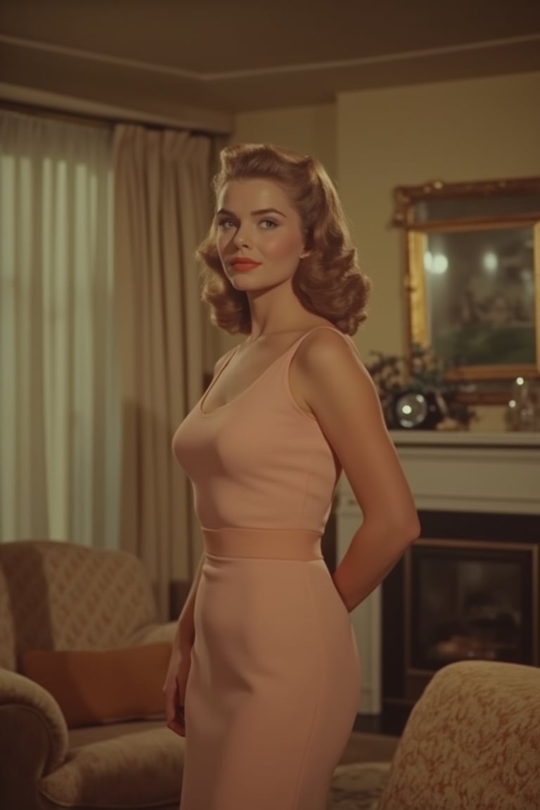 1950s Panavision screengrab of a woman, mid-shot, soft golden lighting, classic Hollywood glamour, woman in a vintage dress, elegant pose, standing in a retro living room, detailed set design, sepia tones, cinematic composition, focus on facial expression, subtle smile, nostalgic atmosphere.