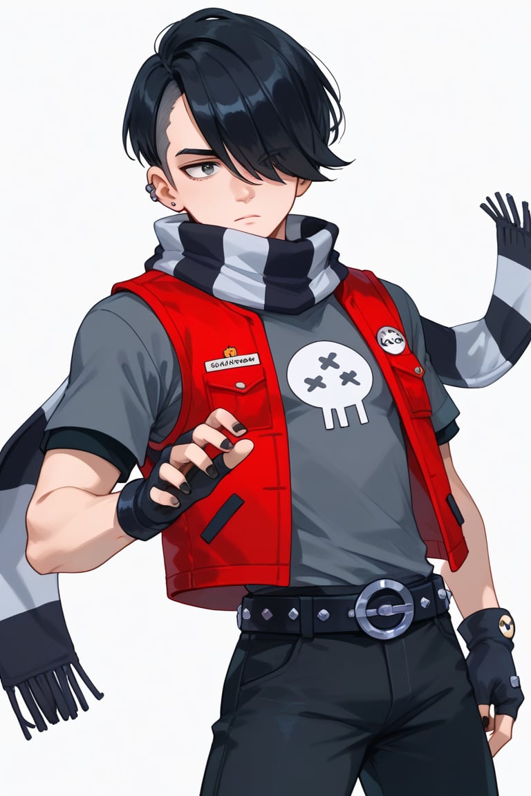 Score_9, Score_8_up, Score_7_up,bsedgar, 1boy, red vest, short hair, black hair, hair over one eye, ear piercing, solo,striped scarf  grey shirt,  short sleeves, belt, black pants,black gloves,   fingerless gloves, black nails,  