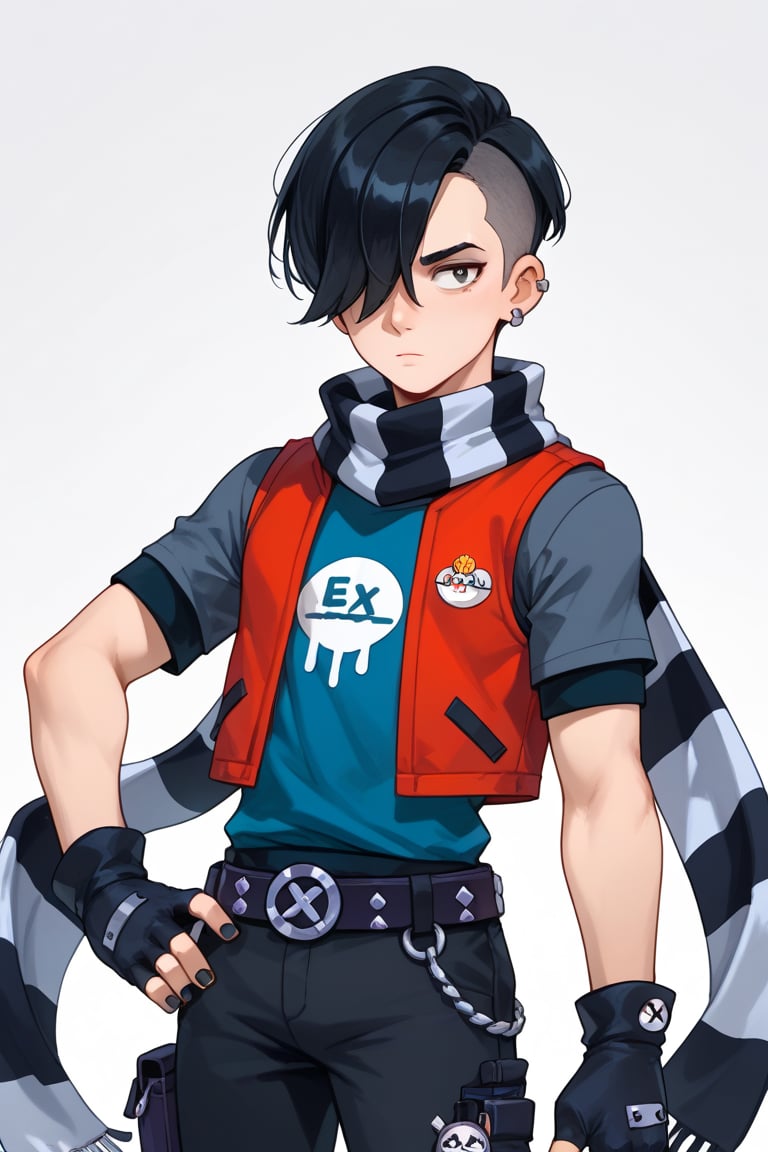 Score_9, Score_8_up, Score_7_up,bsedgar, 1boy, red vest, short hair, black hair, hair over one eye, ear piercing, solo,striped scarf  grey shirt,  short sleeves, belt, black pants,black gloves,   fingerless gloves, black nails,  