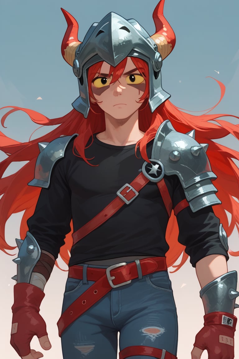 score_9,score_8_up,score_7_up,score_6_up,score_5_up,   possummach,bsdraco, 1boy, helmet, horns,  black eyes, yellow sclera,  red hair, long hair,  black shirt,  belt, jeans, helmet,  solo,long hair, arm armor, shoulder spikes,  knee pads, red gloves ,looking at viewer