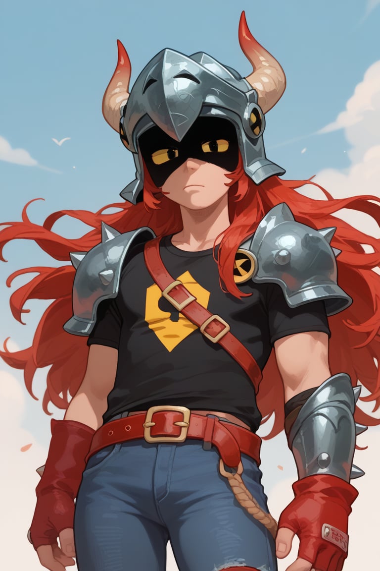 score_9,score_8_up,score_7_up,score_6_up,score_5_up,   possummach,bsdraco, 1boy, helmet, horns,  black eyes, yellow sclera,  red hair, long hair,  black shirt,  belt, jeans, helmet,  solo,long hair, arm armor, shoulder spikes,  knee pads, red gloves ,looking at viewer ,shaded face