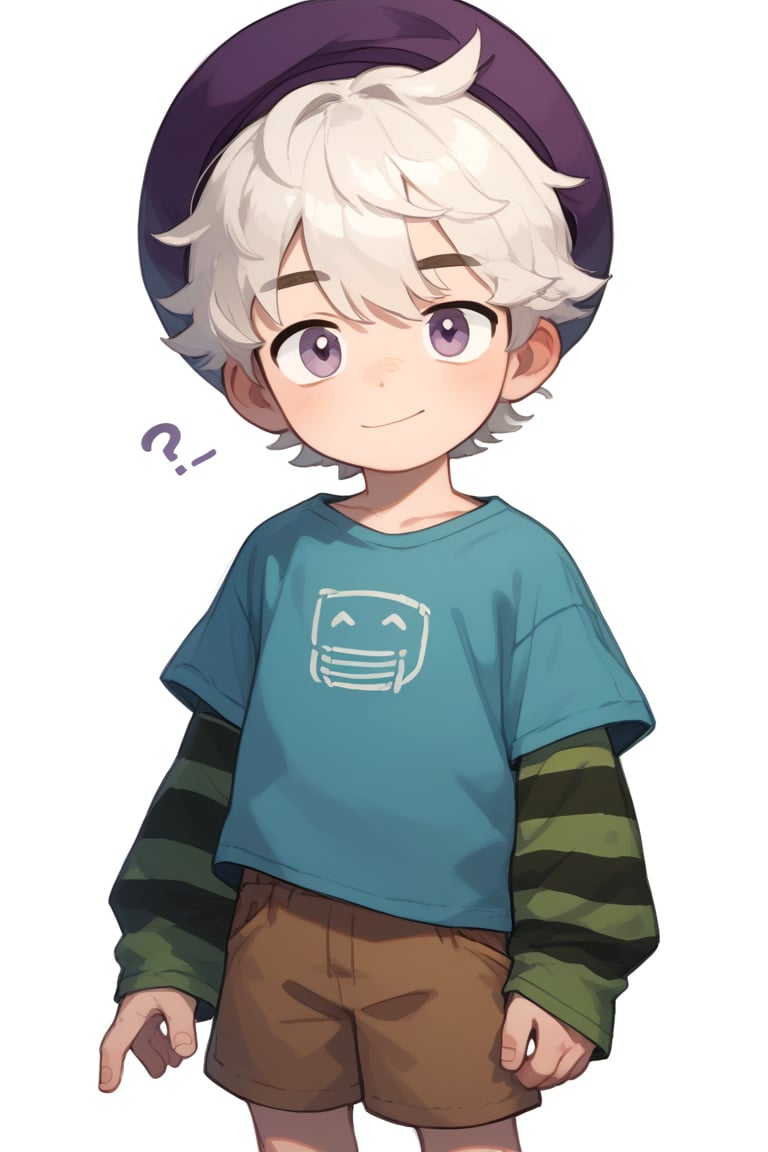 score_9,score_8_up,score_7_up,score_6_up,score_5_up,1boy,   possummach, bsgus,green sleeves, blue shirt,brown  shorts, white hair,Striped sleeves,purple headwear, looking at viewer,  confused , smile , child male 