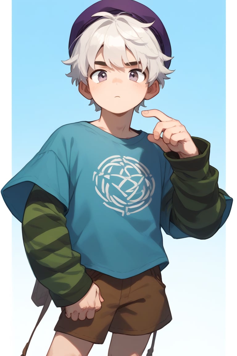 score_9,score_8_up,score_7_up,score_6_up,score_5_up,1boy,   possummach, bsgus,green sleeves, blue shirt,brown  shorts, white hair,Striped sleeves,purple headwear, looking at viewer,  