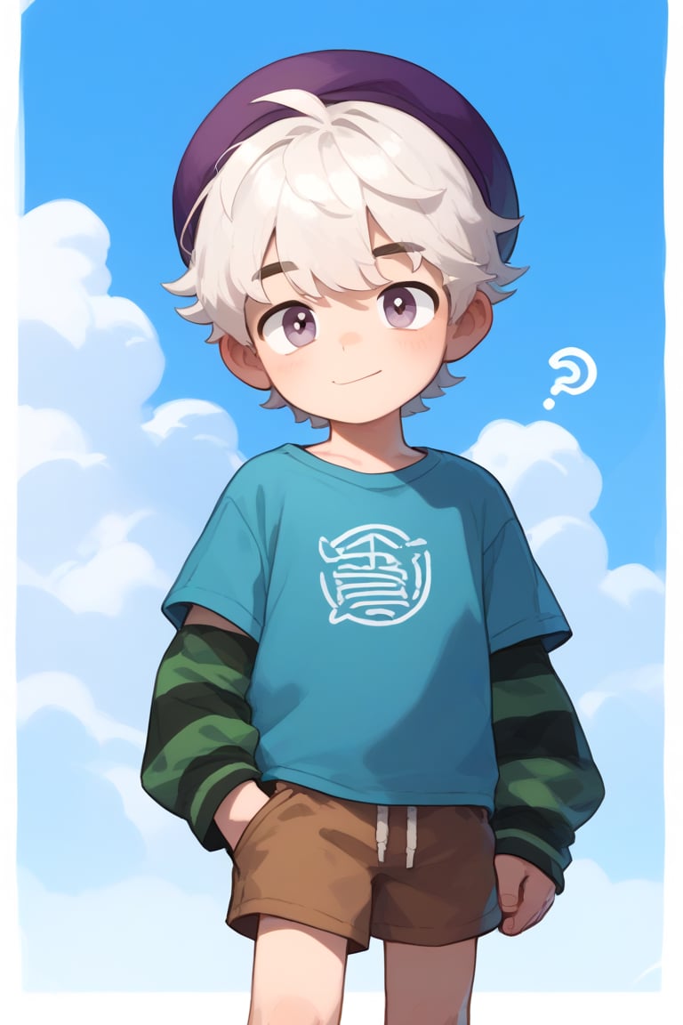 score_9,score_8_up,score_7_up,score_6_up,score_5_up,1boy,   possummach, bsgus,green sleeves, blue shirt,brown  shorts, white hair,Striped sleeves,purple headwear, looking at viewer,  confused , smile , child male 