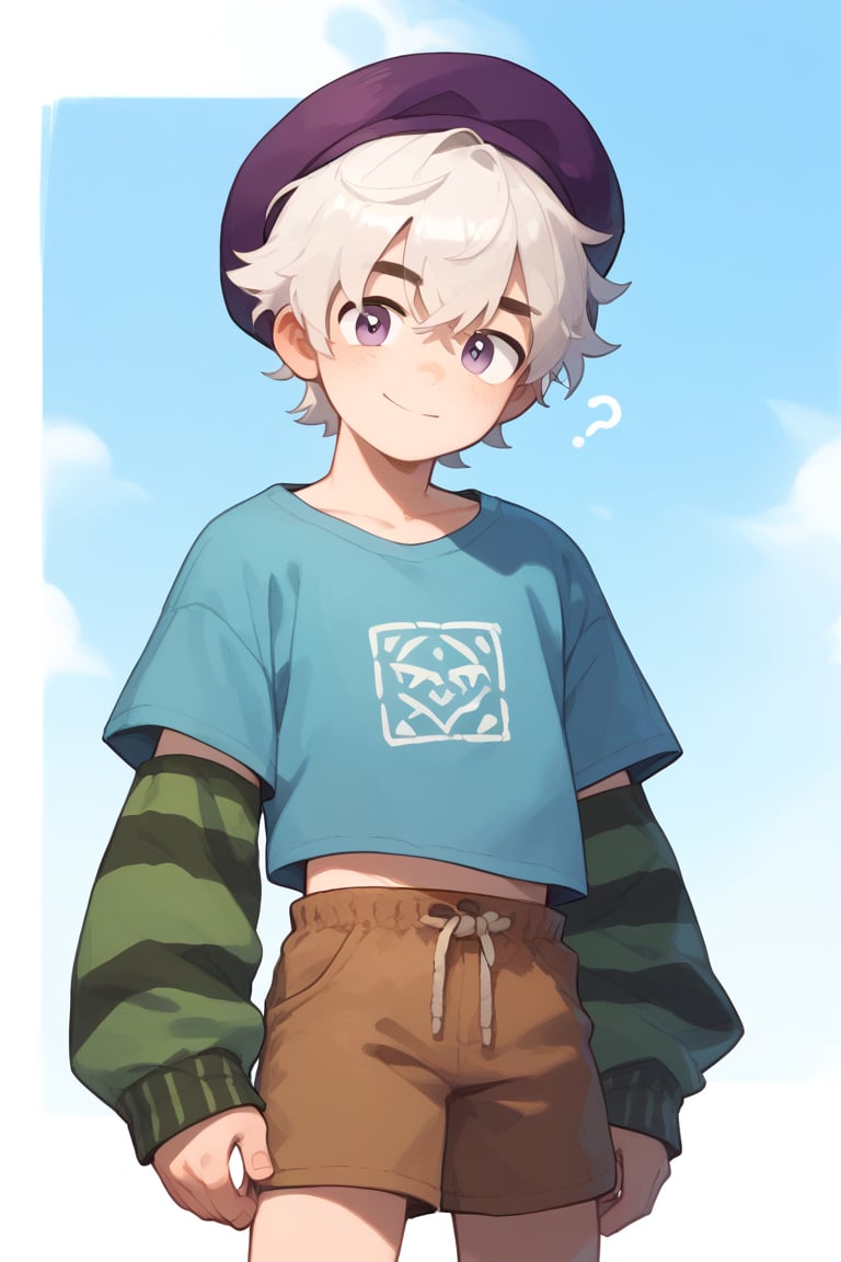 score_9,score_8_up,score_7_up,score_6_up,score_5_up,1boy,   possummach, bsgus,green sleeves, blue shirt,brown  shorts, white hair,Striped sleeves,purple headwear, looking at viewer,  confused , smile 