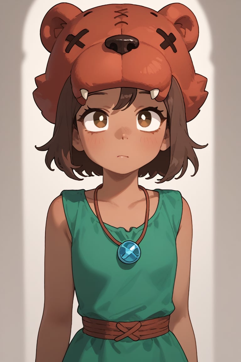 Score_9, Score_8_up, Score_7_up ,possummach  bsnita ,,1 girl  , dark-skinned female, brown hair ,short hair , no pupils, shaded  , blue necklace,  green dress , brown pants  ,red bear headwear  , x eyes ,