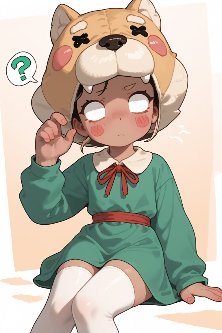 Score_9, Score_8_up, Score_7_up ,possummach ,1 girl , dark-skinned female, no pupils,  green dress ,long sleeves,  solo   ,white thighhighs,   red ribbon, shaded face,  ,dog headwear , shiba , blush stickers,  confused