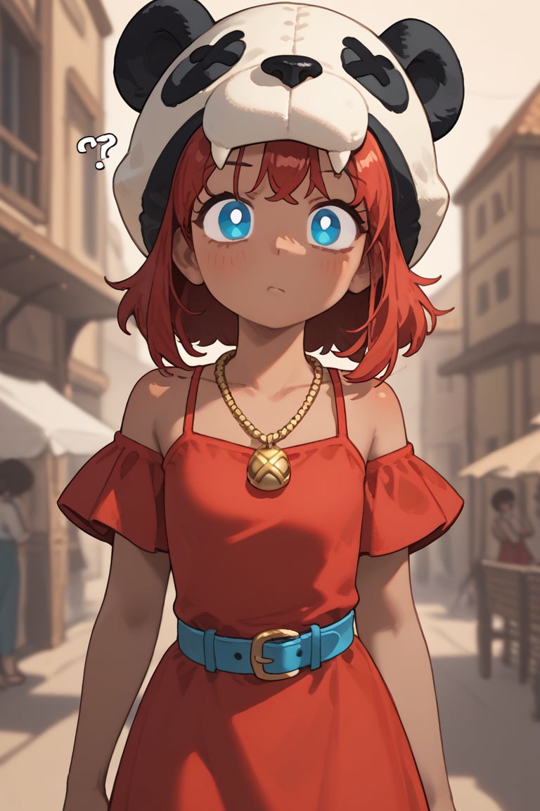 Score_9, Score_8_up, Score_7_up ,possummach ,, 1 girl , dark-skinned female, red hair ,  no pupils, panda headwear ,white headwear red dress ,medium  dress,  ,brown pants  ,golden necklace,  blue belt   ,x eyes  ,black ears , confused