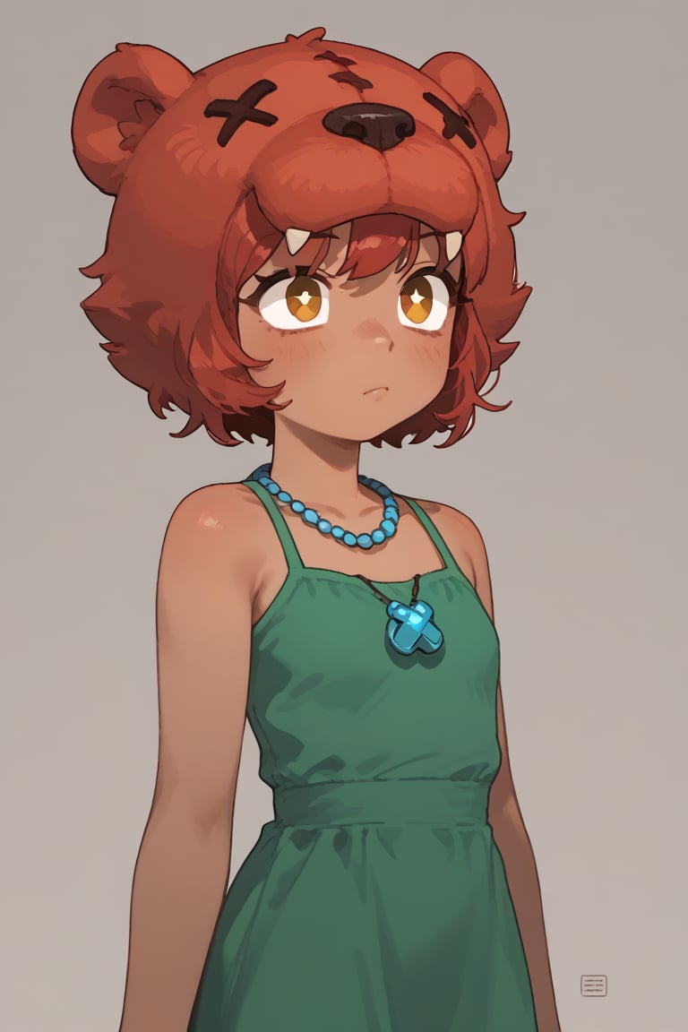 Score_9, Score_8_up, Score_7_up ,possummach ,1 girl  , dark-skinned female, red hair ,short hair , no pupils, shaded  , blue necklace,  green dress , brown pants  ,red bear headwear  , x eyes ,