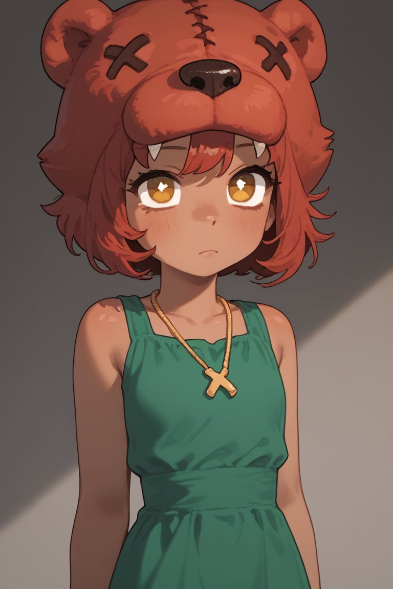 Score_9, Score_8_up, Score_7_up ,possummach ,1 girl  , dark-skinned female, red hair ,short hair , no pupils, shaded  , blue necklace,  green dress , brown pants  ,red bear headwear  , x eyes ,